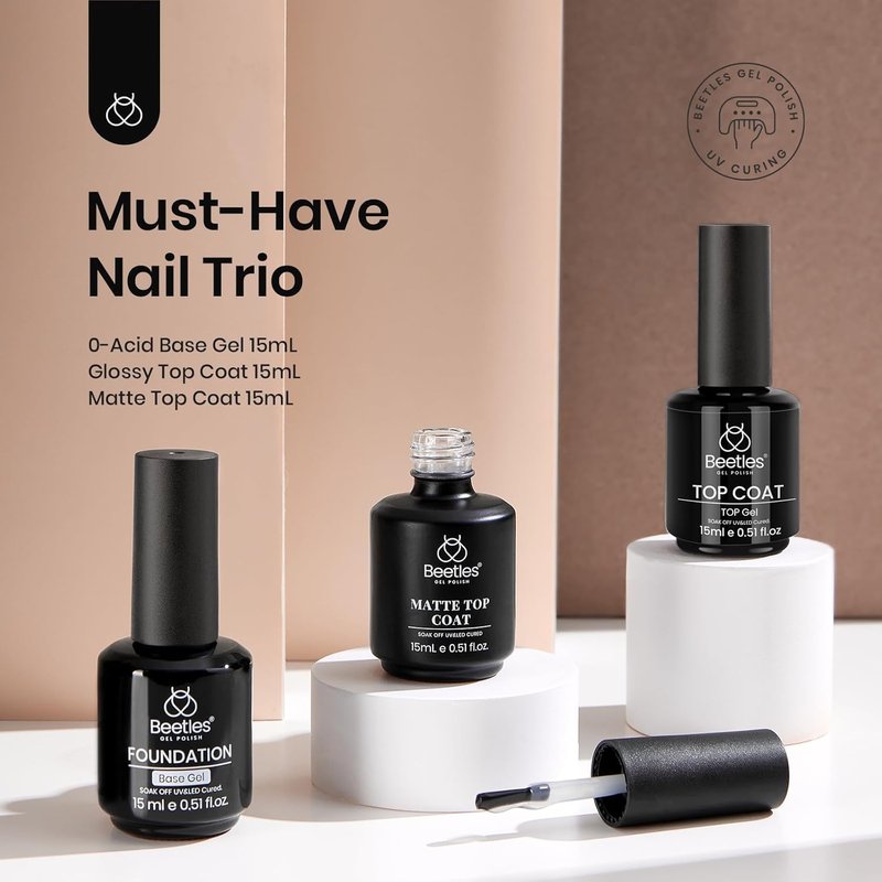 Beetles Matte Gel Top Coat No Wipe Top Coat Gel Nail Polish & Base Coat Set, 3Pcs 15ml Nail Polish Long Lasting Basic Combination, Soak Off LED Nail Lamp Art DIY Design Gifts for Women Her