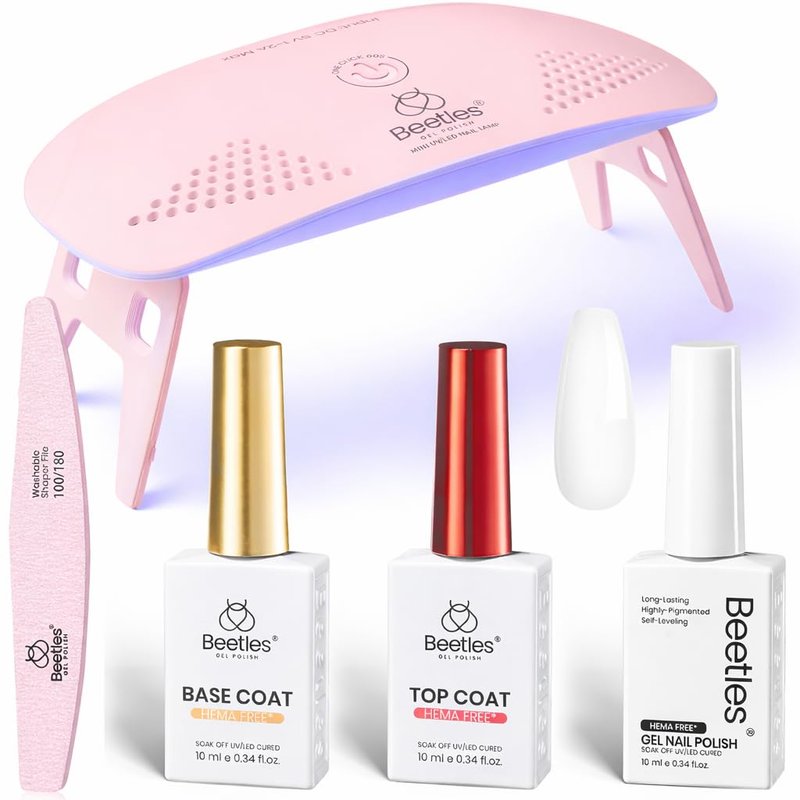 Beetles 5 Pcs White Gel Nail Kit with U V Light, 10ML HEMA-Free Cloud White Gel Polish Set Portable Manicure Kit with Base & Top Nails File Coat Soak Off Home Travel Salon Tools Gifts for Women Girls