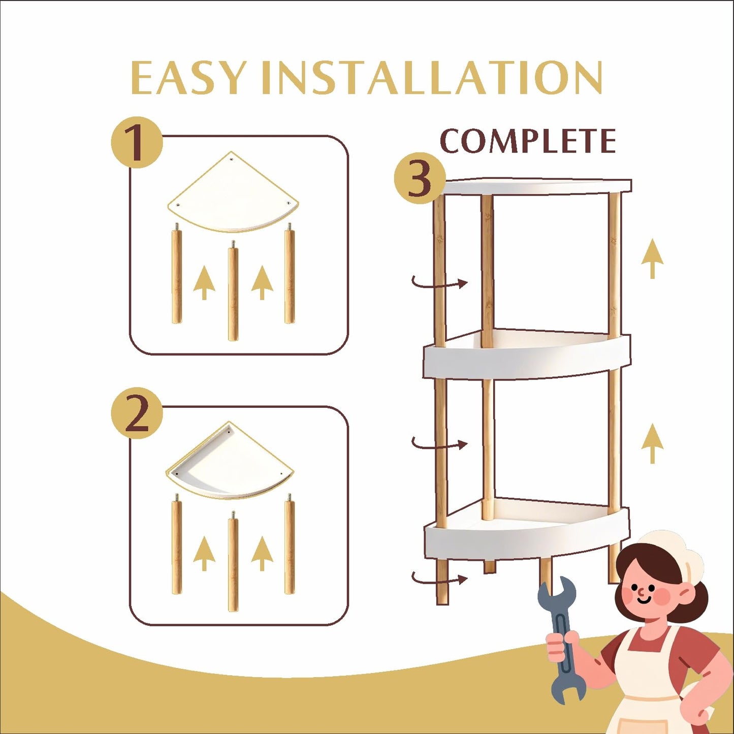 WSLUKVII 3-Tier Bamboo Corner Shelf - No Screws, Twist & Lock Assembly in 5 Mins, 5-Layer Lacquer Finish, Sturdy & Anti-Tip Design for Kitchen, Bathroom, Living Room, Easy to Clean