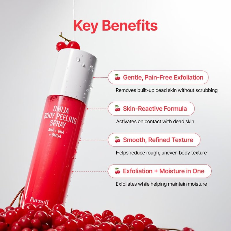 PARNELL AHA Omija Ceramic Body Peeling Spray – AHA BHA PHA Body Exfoliant for Keratosis Pilaris, Strawberry Legs, Dark Spots & Dead Skin Remover – Chemical Exfoliant, Rough Skin 4.60 fl.oz