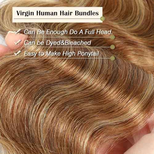 Ombre Human Hair Bundles Honey Blonde Body Wave 3 Bundles 20 22 24 Inch 100% Brazilian Virgin Hair 4/27 Highlight Body Wave Bundle Soft and Healthy Sew In Hair Extensions Real Human Hair for Women