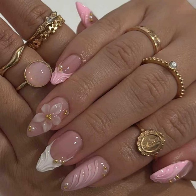 French Tip Press-On Nails - 24 Pcs Medium Almond with 5D Flower Pearls | Pink Glossy Full Cover