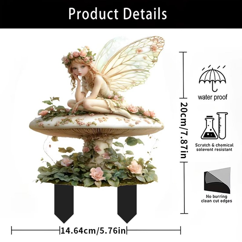 Fairy On The Mushroom Acrylic Garden Stake, Indoor and Outdoor Garden Acrylic Decoration, Suitable for Flower Pots and Landscape Beautification, Suitable for Courtyards and Lawn
