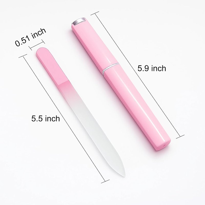 Skiennix Glass Nail File - Double-Sided Etched Czech Crystal Filer with Case | Gentle Nail Care Tool (Pink)