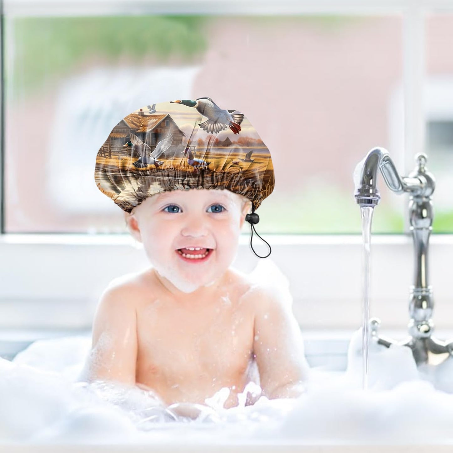 Zewurtuw Kid Small Shower Cap Adjustable Reusable Double Waterproof Layer Elastic Hair Bath Cap Cute Aesthetic-Duck