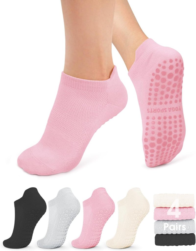 Non-Slip Pilates Socks for Women - Grippy Yoga & Barre Socks | 4 Pairs for Comfort & Stability