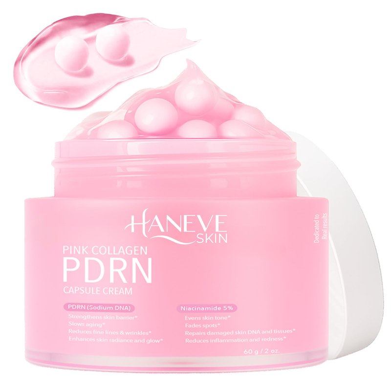 Haneve Skin Pink Collagen PDRN Capsule Cream – Hydrating & Radiance-Boosting Face Moisturizer with PDRN (Sodium DNA), Niacinamide 5% & Collagen Capsules – 60g / 2 oz