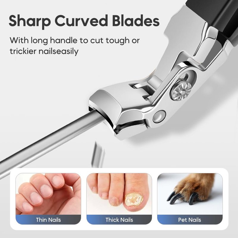 Pro Nail Clippers, 2025 Upgraded Large Angled Head Toenail Clippers Easy Trimming, Wide Jaw Opening Nail Clippers for Thick Nails, Long Handle Nail Clipper for Seniors Men Women (1 Set)