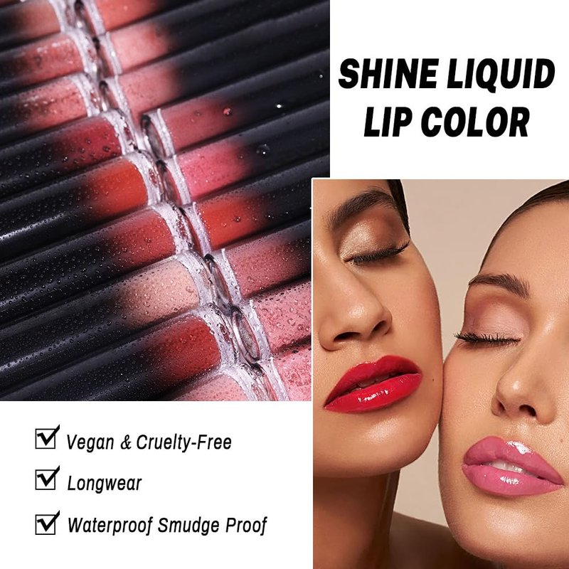 evpct Wine Red Shiny Longwear No-Budge Liquid Lip Color Lipstick Makeup, Highly Pigmented Color Instant Shine, Waterproof Long Lasting Lipstick for Women, Lip Stain Gloss with Lip Liner Brush, 02#