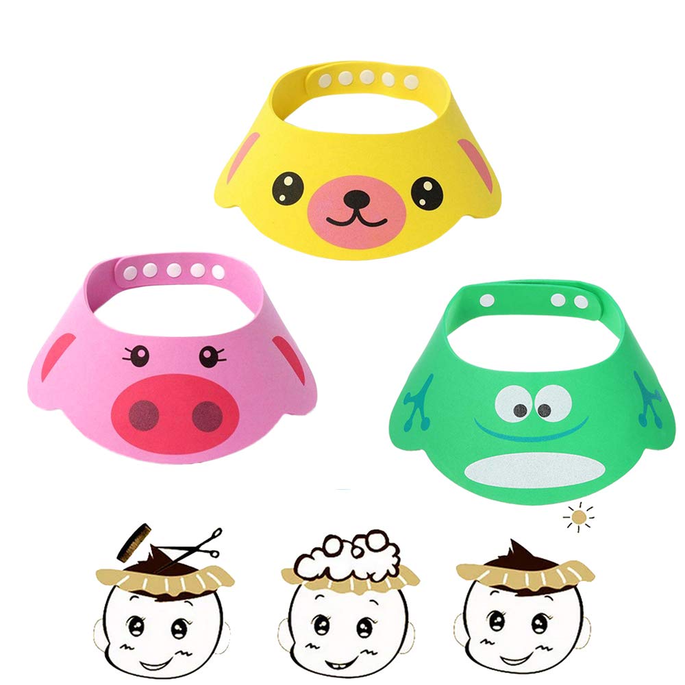 SUNTRADE Adjustable Visor Cartoon Shampoo Shower Bathing Protection Cap for Toddler, Baby, Kids, Children, Set of 3