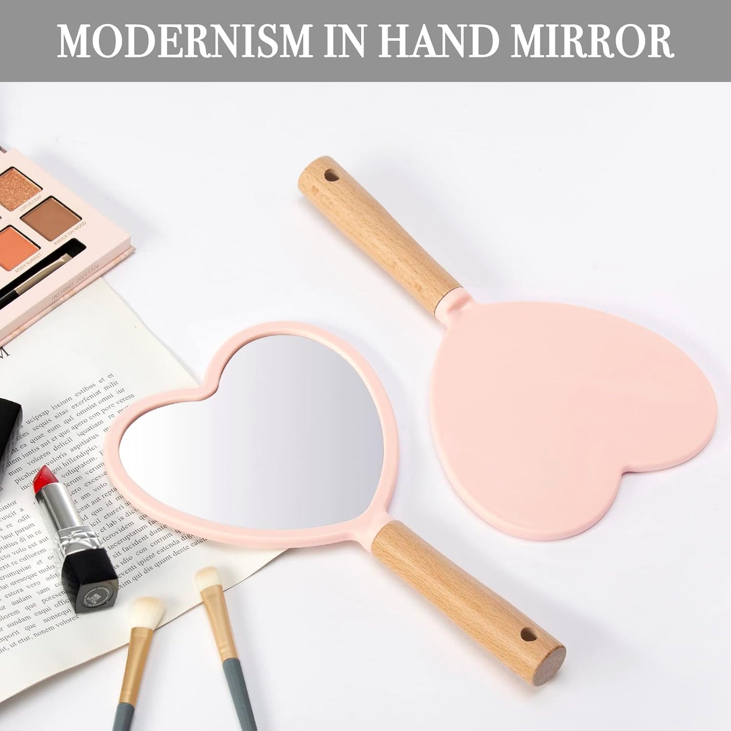 YEAKE Hand Held Mirror with Handle for Makeup,Small Cute Wood Hand Mirror for Shaving with Hole Hanging Single-Sided Portable Travel Vanity Mirror for Men&Women(Heart,Pink,1Pack)