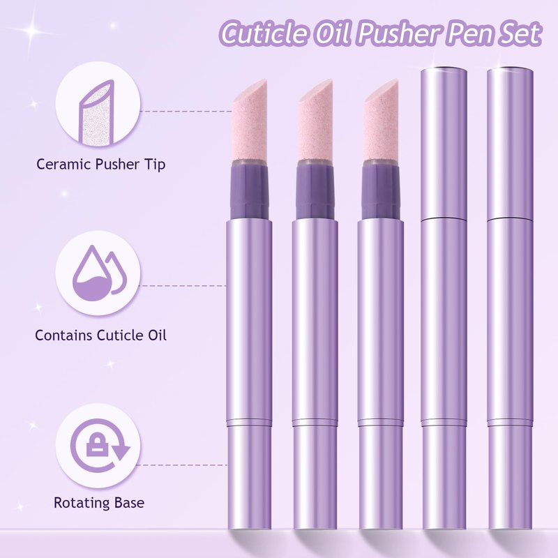 Furtherpretty 5PCS Cuticle Oil Pusher Pen Set, 2-in-1 Ceramic Cuticle Pushers with Oil for Nail Repair, Hangnail & Dry Cuticle Removal, Nail Care Pens for Manicure & Pedicure, Professional Salon Tools