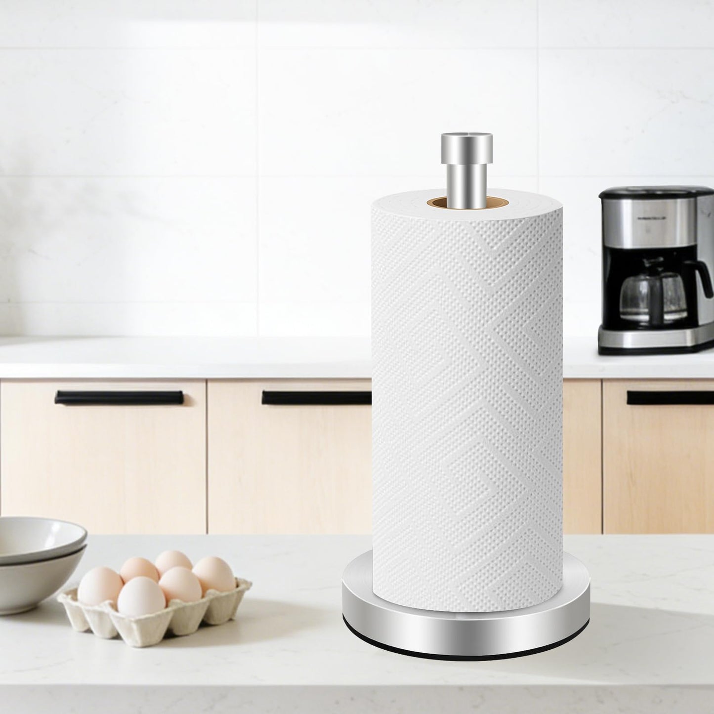 VOTZAAQ Silver Paper Towel Holder Countertop, Stainless Steel Standing Paper Towel Holder with Sturdy Non-Slip Base, for One-Handed Operation, Brushed Nickel