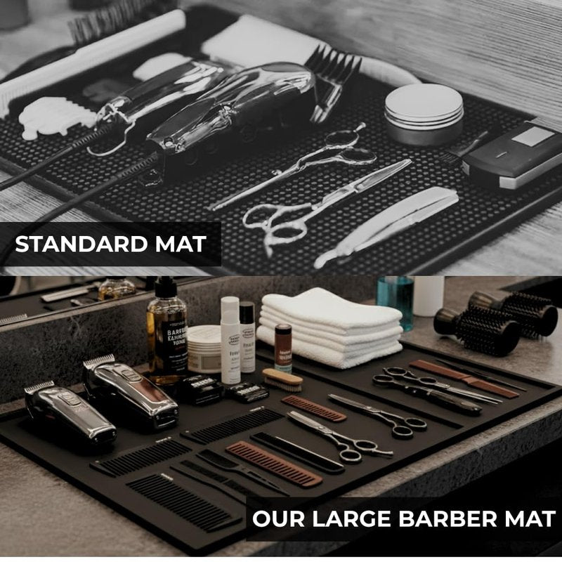 HAPPYPOSH Extra Large Barber Mat 20" x 14", Professional Non-Slip Barber Station Mat for Clippers & Tools, Rubber Barber Organizer Counter Pad, Easy-Clean Barbershop Workstation Mat. Black