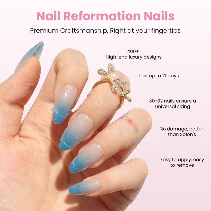 Nail Reformation Press On Nails, Ombre Blue Velvet Shimmer Medium Almond Fake Nails in Glitter French Tip, Salon Quality, Reusable Stick On Nails in 15 Sizes - 30 Nail Kit with Glue, Gifts for Women