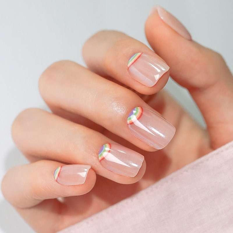 LAMIMOSA 32Pcs Chrome Press On Nails Short Square - Soft Gel Fake Nails in 16 Sizes, Reusable Glue on Nails kit, RAINBOW