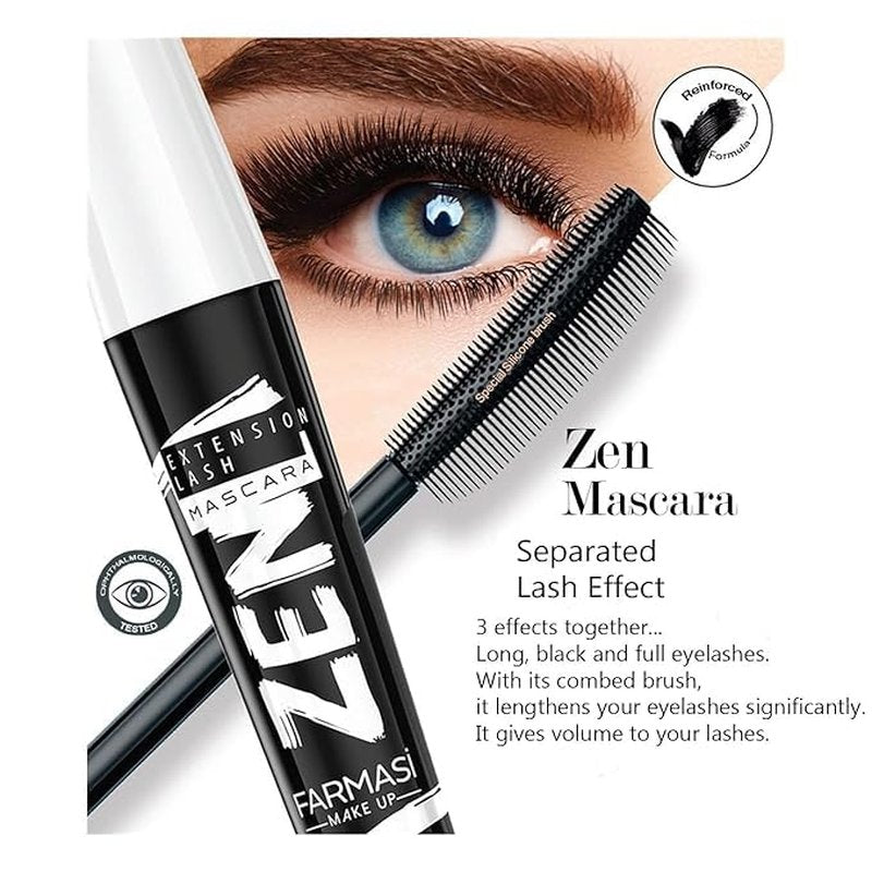 FARMASi Zen Extension Lash Mascara - Lengthening & Volumizing, Clump-Free, Smudge-Free, Blackest Black | 2 Pack