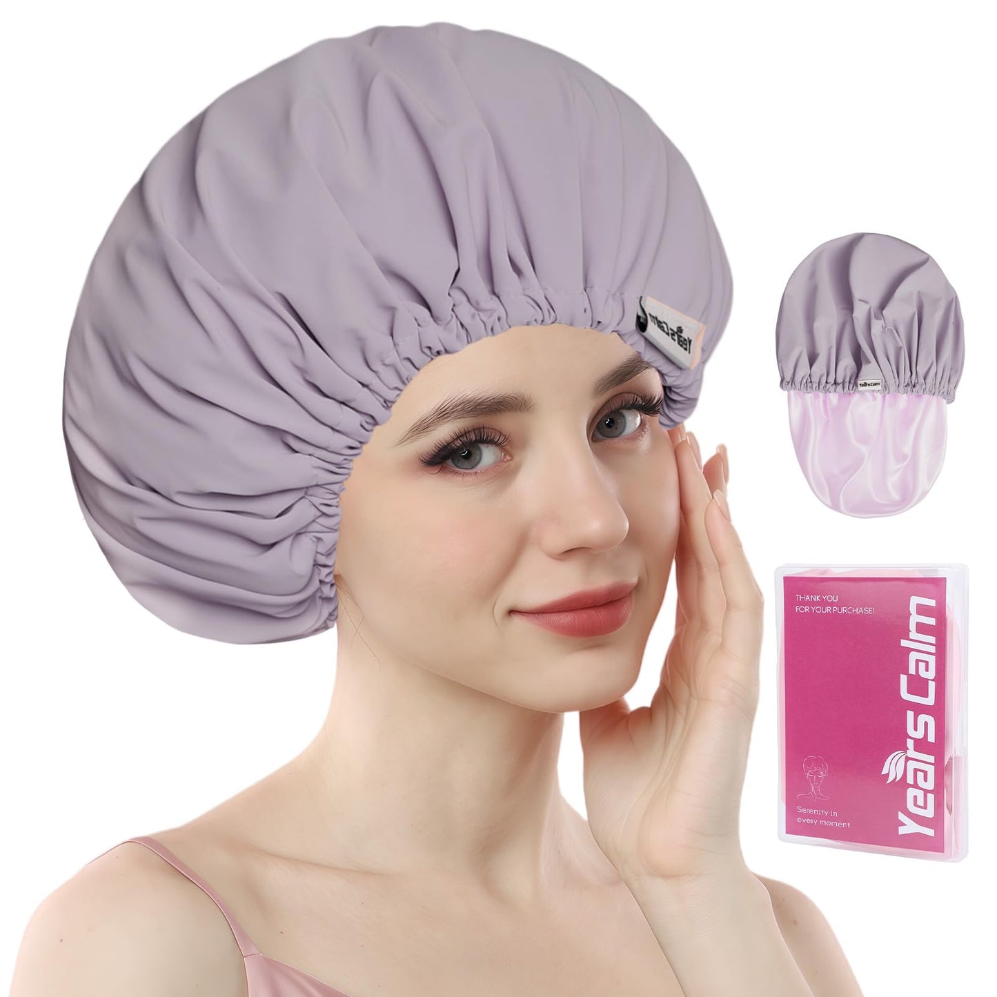 Years calm Shower Cap Reusable Waterproof, Double-Layer Hair Cap for Women, with Elastic Band, Ideal for Shower, Spa, Travel & Cleaning (Light purple, One Size)