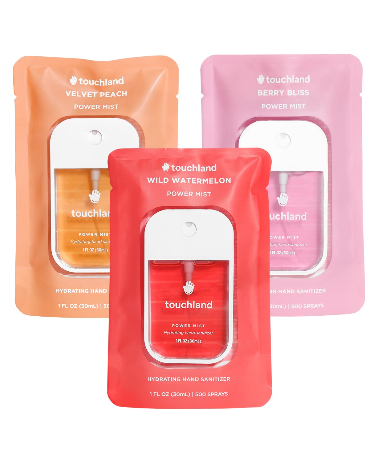 Touchland Hydrating Hand Sanitizer Spray – Juicy Trio Set (Wild Watermelon, Velvet Peach, Berry Bliss) – 3 x 1 FL OZ Travel Size Mists