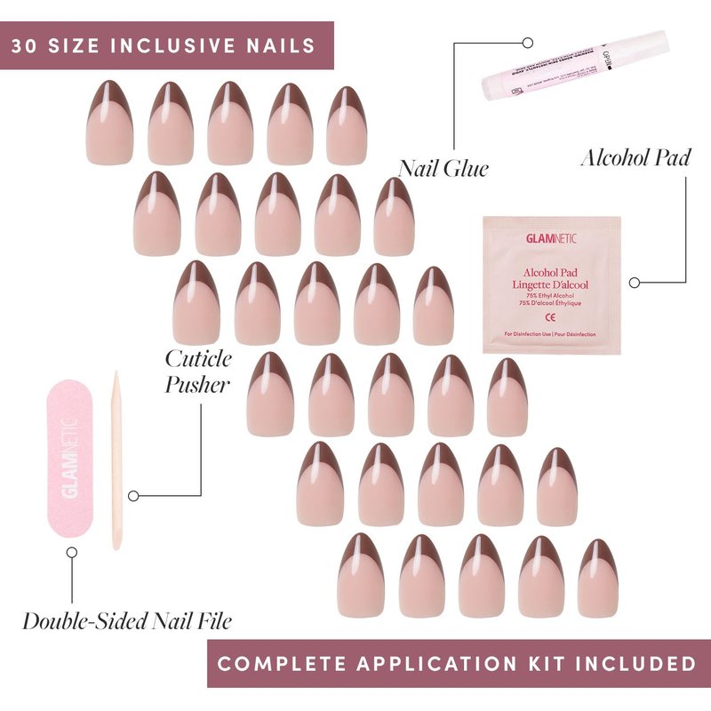 Glamnetic Press On Nails - Chocolat | Semi-Transparent Dark Brown French Tip Short Almond Fake Nails in a Glossy Finish, Salon Quality | 15 Sizes - 30 Nail Kit