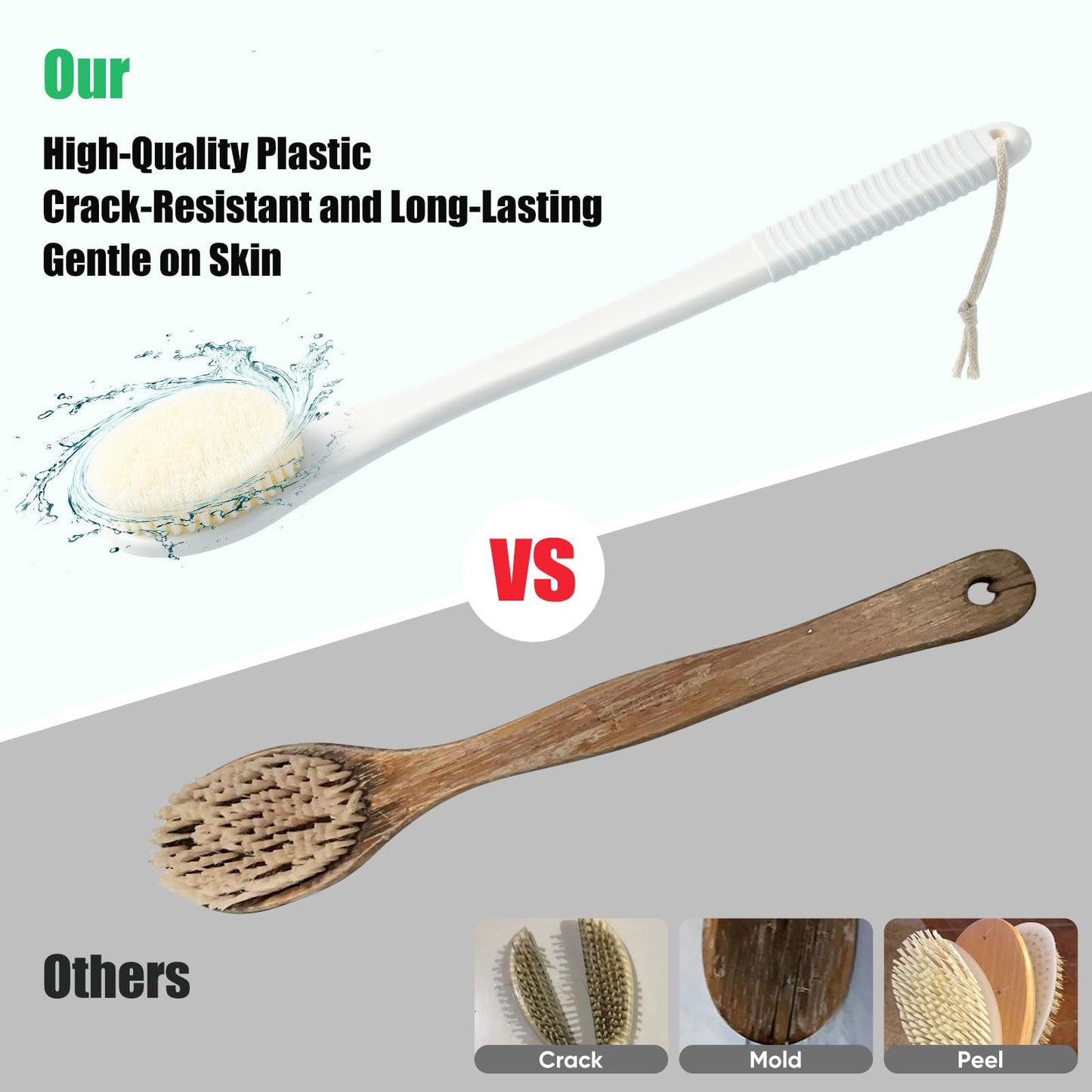ROLIZOE 17-Inch Back Scrubber for Shower, Anti-Slip Exfoliating Body Brush for Bath, Gentle Back Brush for Shower for Men, and Women, Cleaning Skin for Smooth, Glowing Skin (White)