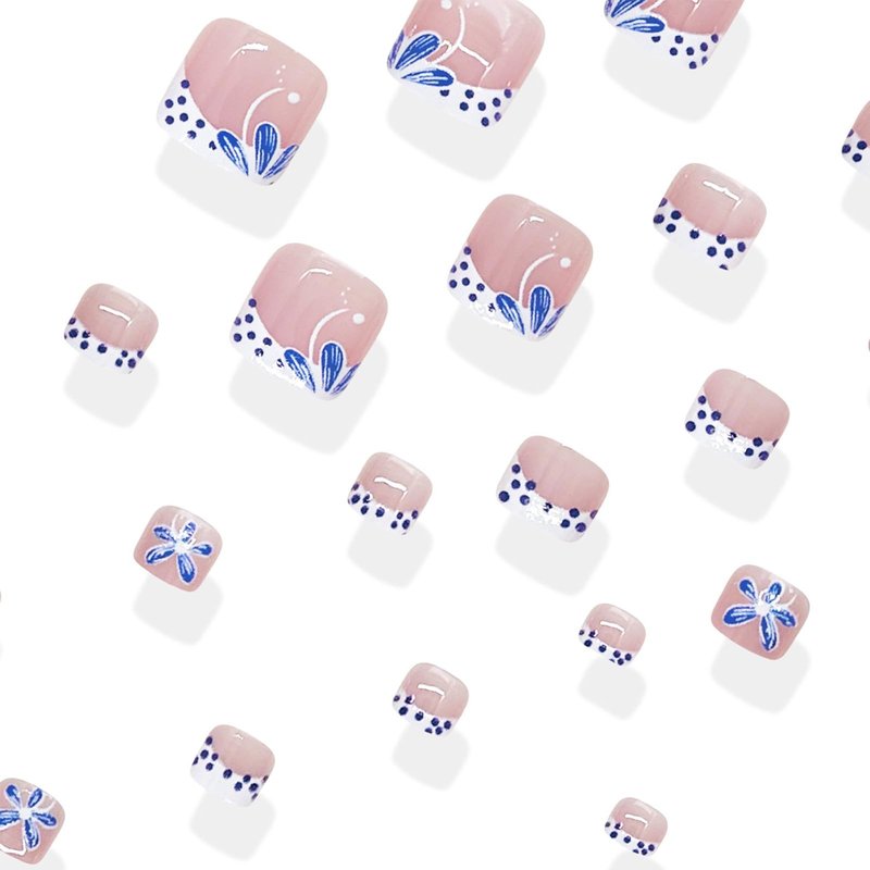 Polka Dot French Tip Press on Toenails Short Square Fake Toenails Blue Flower Toe Nail Press ons Reusable Acrylic Stick on Toes Summer Nails for Women Daily Vacation Manicure 24Pcs