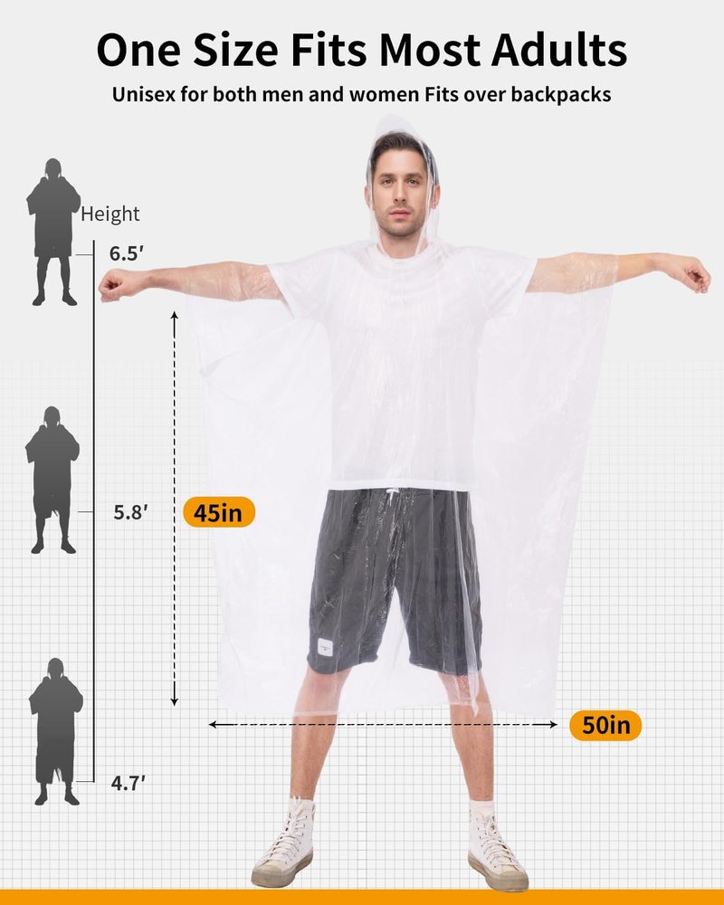 Hitituto Rain Ponchos for Adults - Extra Long Emergency Hooded Raincoat | Family Pack (6/12/24)
