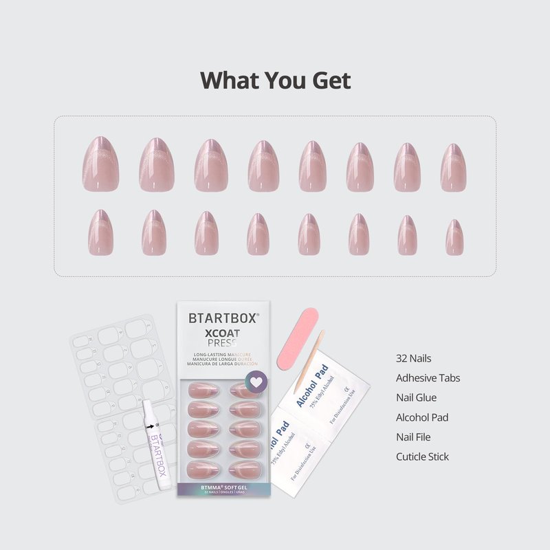 BTArtbox Press On Nails Almond - Diamond Dust, Lamp-Curable Cat Eye Chrome French Tip Short Press On Nails with Glue and Adhesive Tabs for Women in 16 Sizes - 32 Soft Gel Glue On Nails Kit