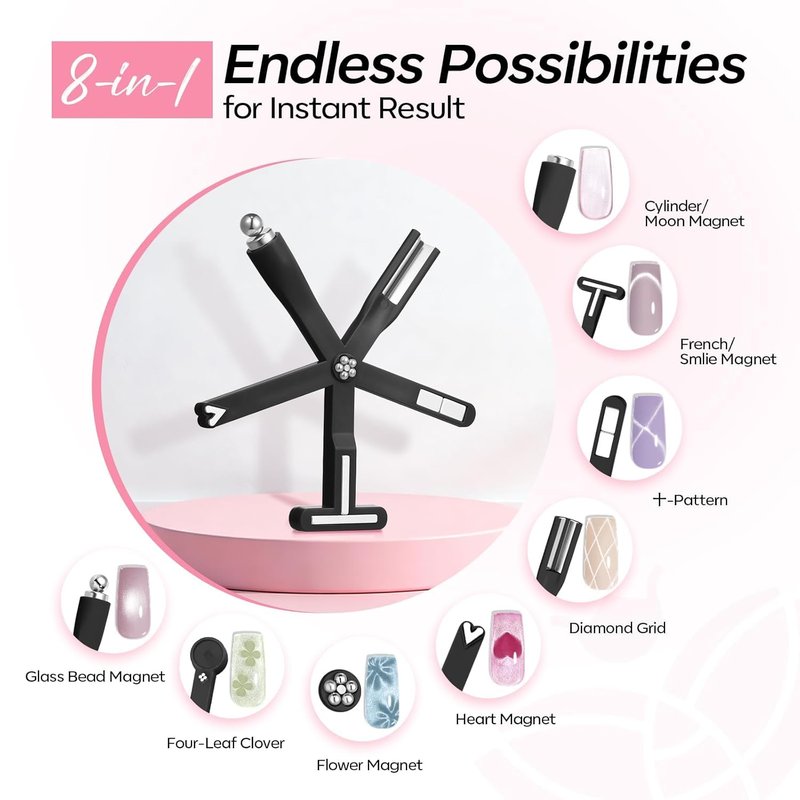 modelones 8-in-1 Cat Eye Gel Polish Magnet Tool, Magnetic Nail Art Wand for Gel Nails with Steel Ball, Glass Bead, French Tip, Clover, Heart & Swirl Effects for DIY Home Salon Manicure