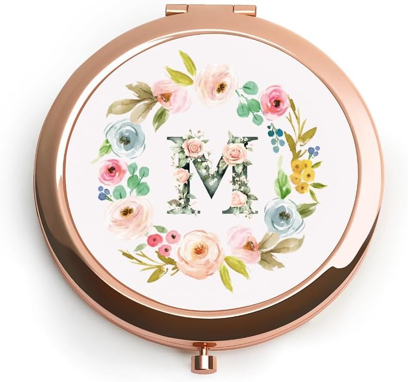 Personalized Gift for Women Girls Her, Custom Gifts for Adult Teen, Floral Monogram Alphabet Initial Compact Mirror for Birthday, Graduation, Mothers Day, Basket Stuffers