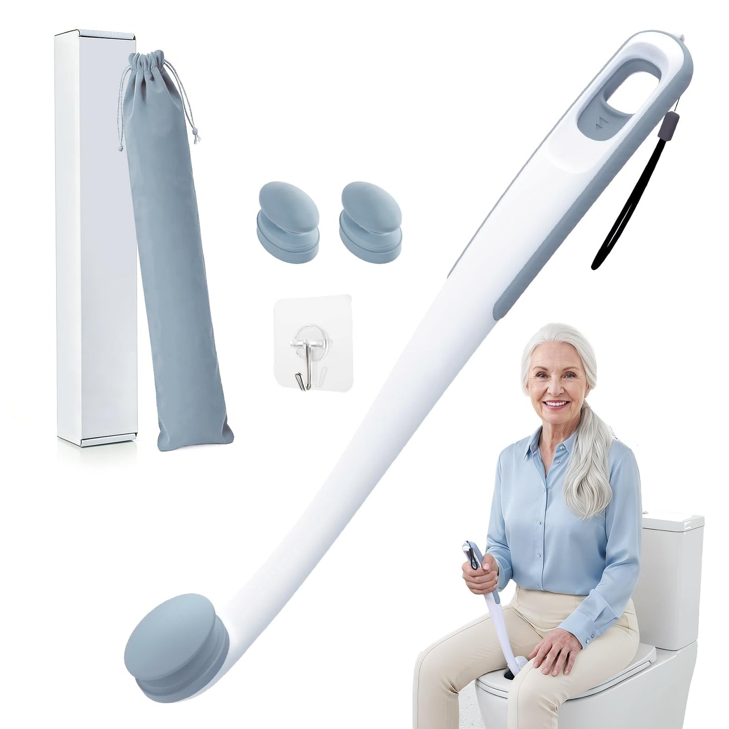 Innovation Toilet Aids for Wiping Bottom, 16.5" Firmly Clamp Bottom Buddy Wiping Aid, Butt Wiper Tool with Replaceable Head for Women, Men, Elderly, Pregnant, Disabled and Surgery Recovery