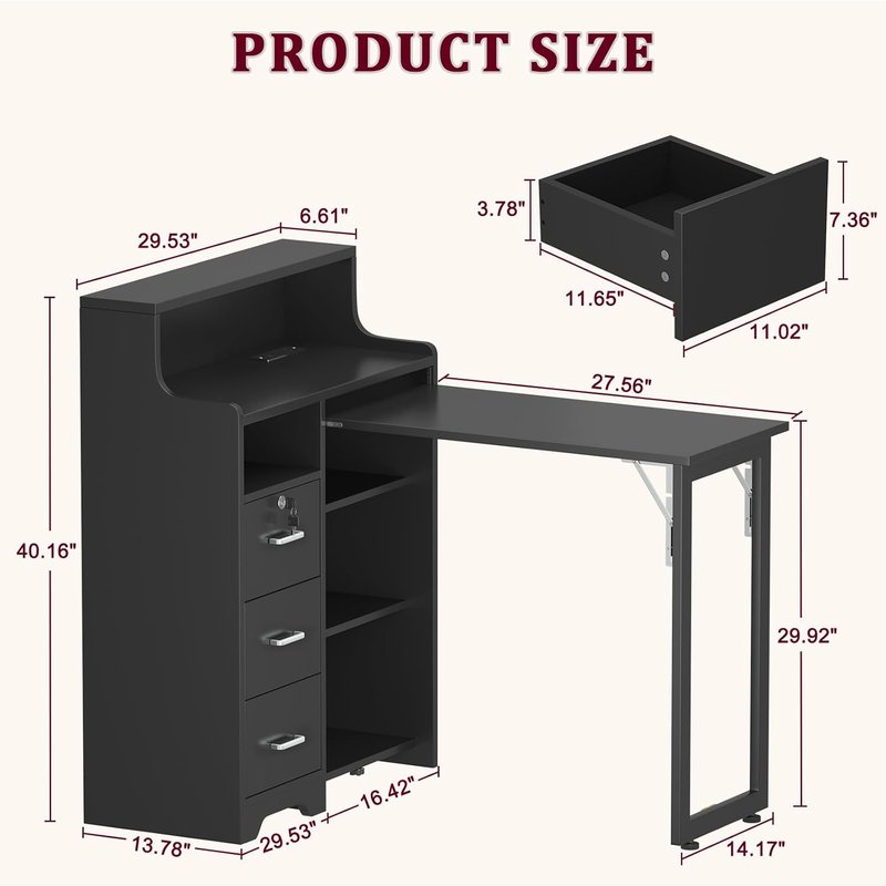 Foldable Nail Desk for Nail Tech, L Shape Manicure Table with Cabinet Drawer & Built-in Charging Station, Portable Nail Table for Beauty Salon Workstation (Black)