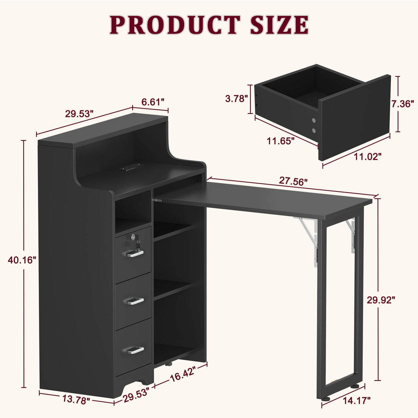 WLLPNG Foldable Nail Desk for Nail Tech, Portable Manicure Table, L Shape Nail Table with Power Outlets & Lockable Drawer & Shelves, Professional Nail Tech Workstation for Home Salon (Black)