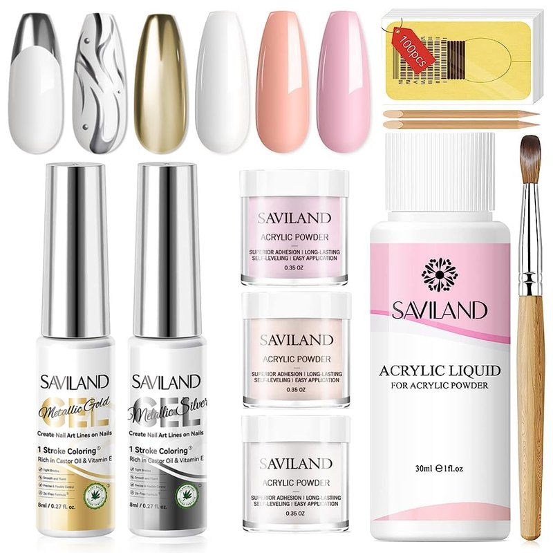 Acrylic Nail Starter Kit - Metallic Gel Polish, Clear Pink Nude Powder & Liquid, Complete Home Practice Set | 12 Pcs