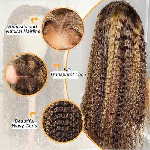 Highlight Ombre Lace Front Wig Human Hair 4/27 Honey Blonde Deep Wave Lace Front Wigs Human Hair 200% Density 13x6 HD Lace Front Wigs for Women Glueless Wigs Pre Plucked 26 inch