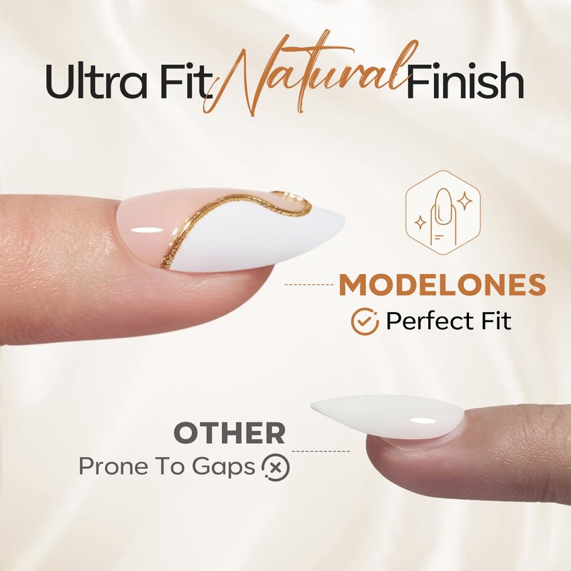 Modelones French Tip Press on Nails Almond, Short Almond Fake Nails, Semi-Transparent Soft Nail Kit with Nail Glue Adhesive Tabs Nail File, Spring Nails Press Ons 30Pcs 15 Sizes, Golden Line