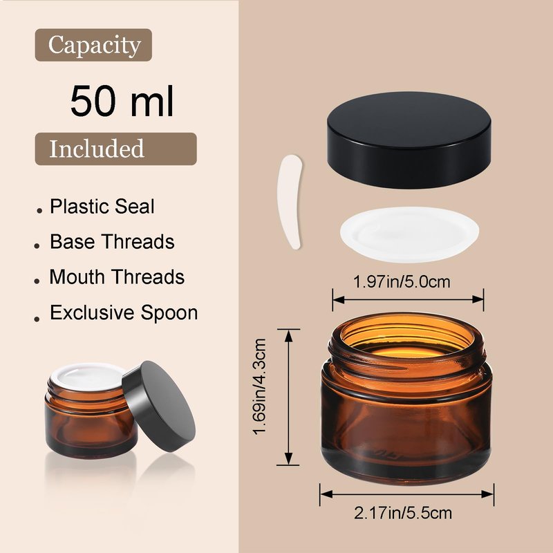Lustervial 45Pack 2oz Small Amber Glass Jars with Lids, Lotion Container, Cosmetic Containers, Little Travel Jars for Creams with Mini Spoon, Black Label