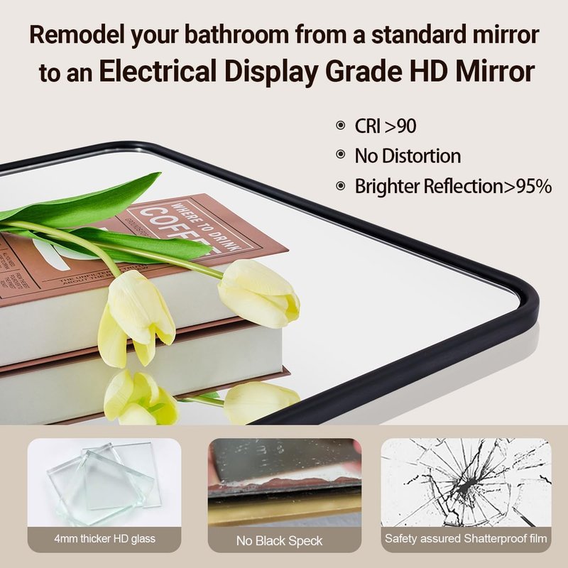 Black Bathroom Mirror - 30x36 Inch Rounded Rectangle Design | Modern Metal Frame for Vanity