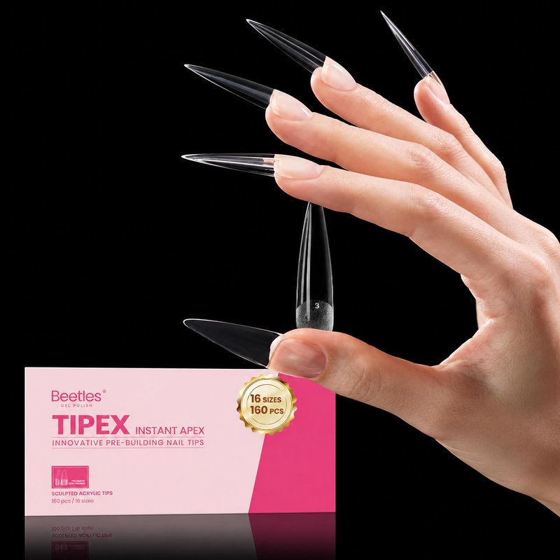 Beetles Tipex Instant Apex Nail Tips, XL Long Stiletto, 16 Sizes | 00–14, 160PCS, Built-in Apex Acrylic Tips for Flat & Natural Nail Beds, Beginner-Friendly Easy DIY Nail Extensions