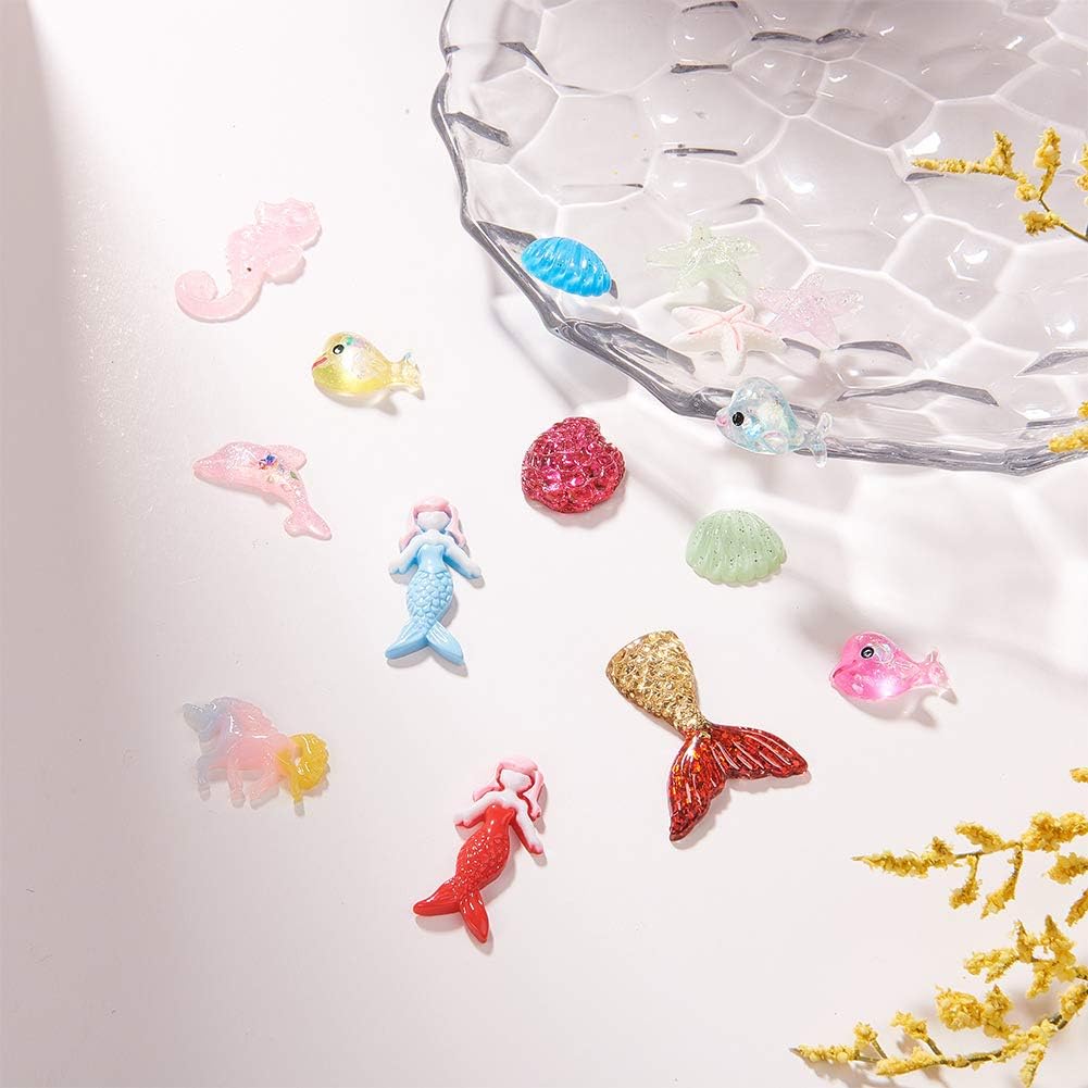 SUNNYCLUE Ocean Theme Resin Cabochon Charms - 100Pcs Mixed Mermaid Tail, Starfish & Dolphin Beads for DIY Jewelry Making