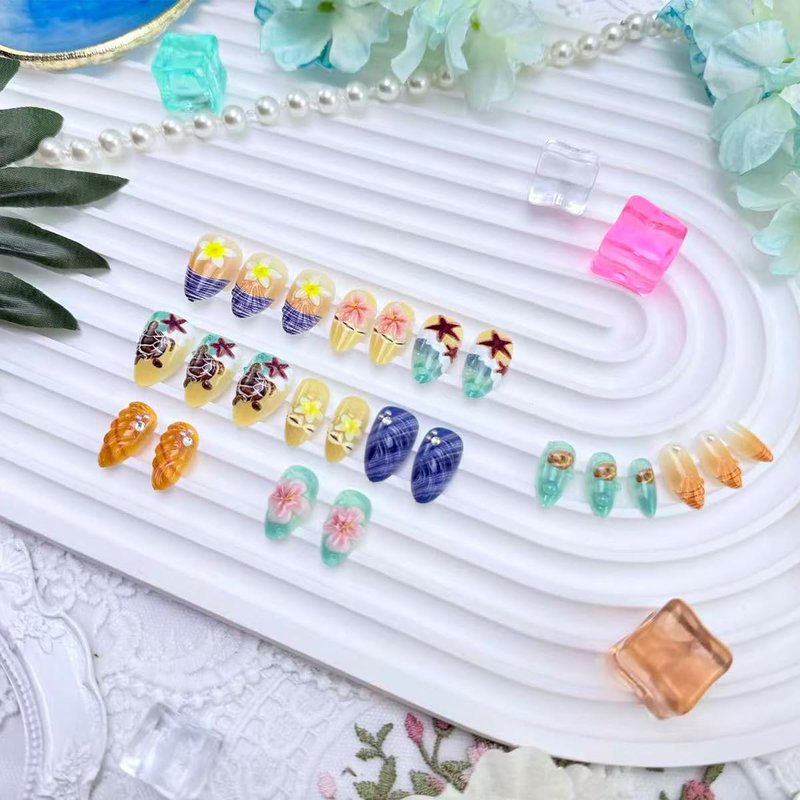 24Pcs 3D Tropical Beach Press on Nails - Summer Ocean Fake Nails with Turtle Starfish Shell Floral Design, Almond Shape Reusable Glue on Nails for Women Vacation Beach Party Nail Art Decorations