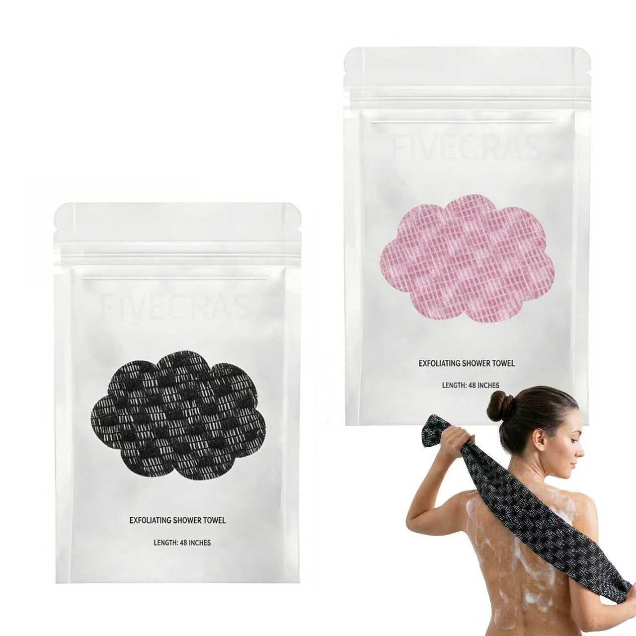 FIVECRAS Exfoliating Shower Towel 47", Long Microfiber Scrub Towel Set for Bath & Shower, Quick-Dry Body Cleaning Towel, Gentle Exfoliating Cloth for Daily Use (Black & Pink)