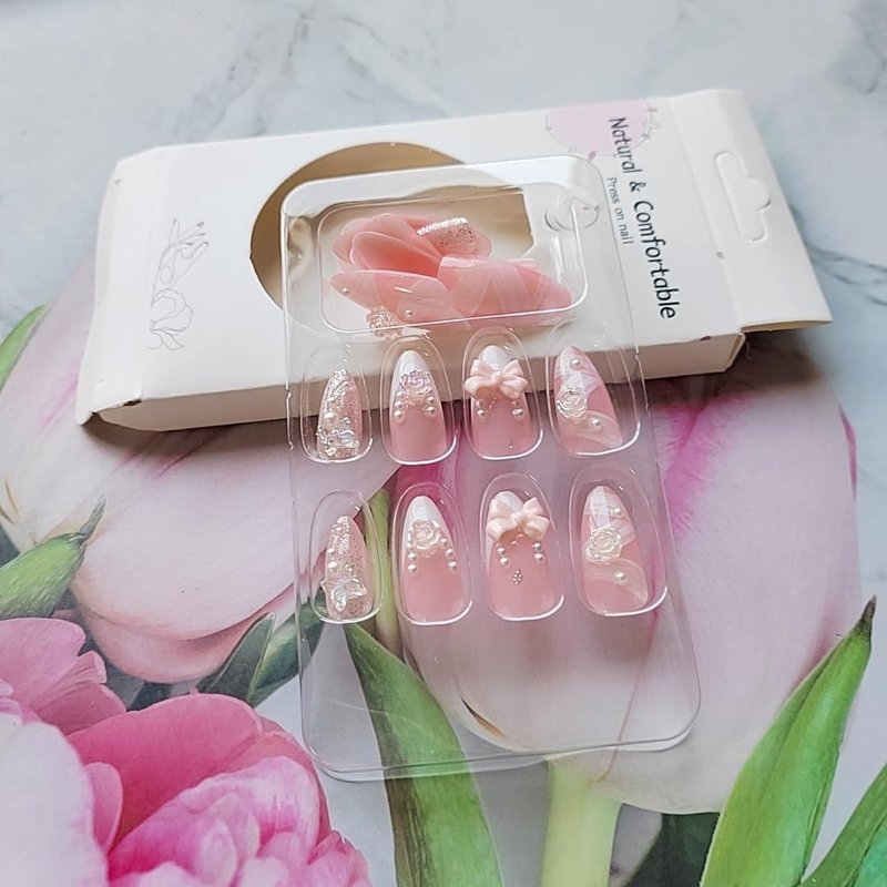 24 Pcs Pink Press on Nails Short Almond White French Fake Nails with 3D Pearl Bow Butterfly Flowers Design Nude False Nails Full Cover Acrylic Nail Art Tips Cute Glue on Nails for Women Manicure