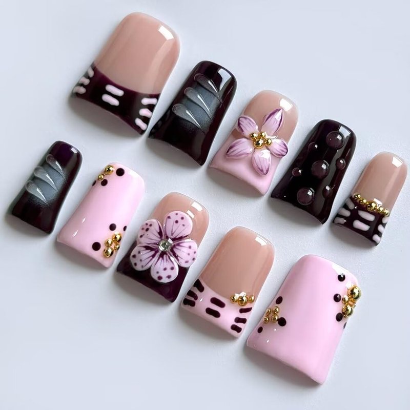 Press On Nails - Handmade French Purple Duckbill Fake Nails - 10 Pcs Reusable 3D Acrylic Nail Kit | Size M