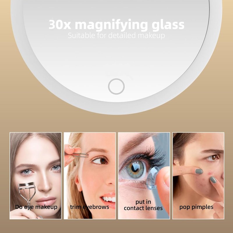 Skiennix 30X Magnifying Mirror - Lighted 6-Inch Makeup Mirror with 3 Suction Cups & 360° Adjustable Stand | Includes Tweezers & Scissors
