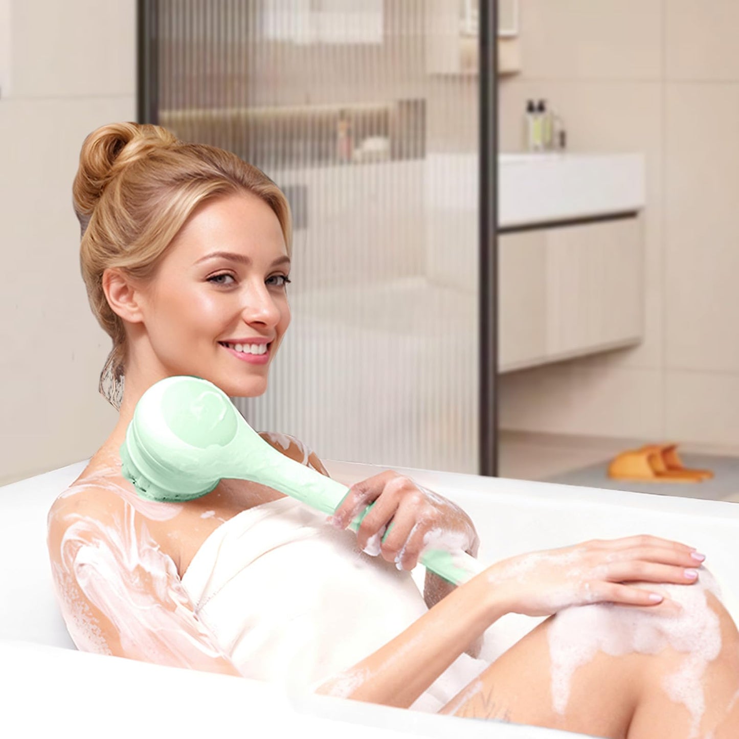 Oh,XIYU. Electric Body Brush Back Scrubber for Shower, Waterproof Long Dual Handle Body Scrubber with 3 Heads, Bath Brush & 2 Speeds, for Cleansing, Exfoliating and Massaging Skin, Pale Cypress Green