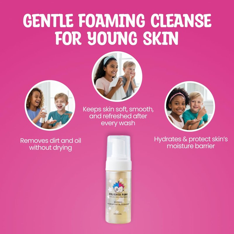 Polished Punk Natural and Organic Foaming Face Wash for Kids and Tweens, Soap and Fragrance Free Tear-Free Cleanser for Sensitive Skin with Botanical Extracts, Aloe, and Glycerin, 4 oz