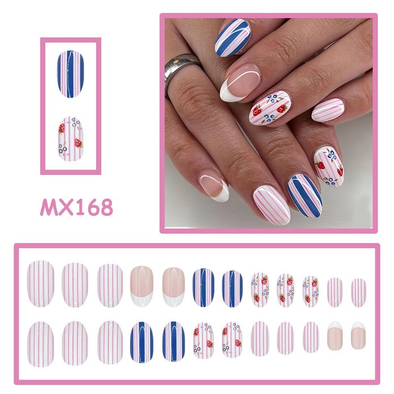 Blueberry Medium Oval Press-On Nails - Summer White French Tip with Striped Designs | 24 Pcs Reusable Full Cover Set