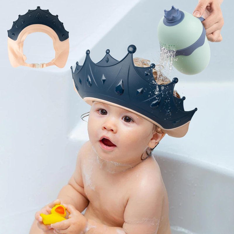 FUNUPUP Baby Shower Cap for Kids with Bath Rinse Cup, Adjustable Toddler Hair Washing Shampoo Shield Hat Baby Bath Visor Shower Hat for Kids（Crown Blue)