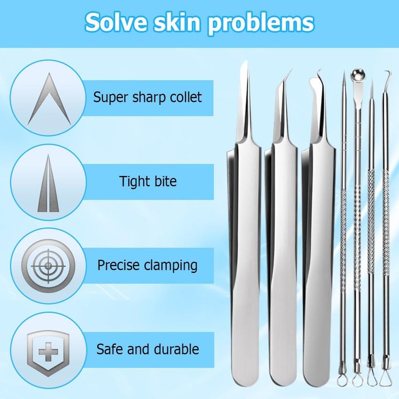 Jurfest 7 Piece Set Blackhead Extraction,Stainless Steel Blackhead Remover, Professional Facial Blackhead Remover Tweezers